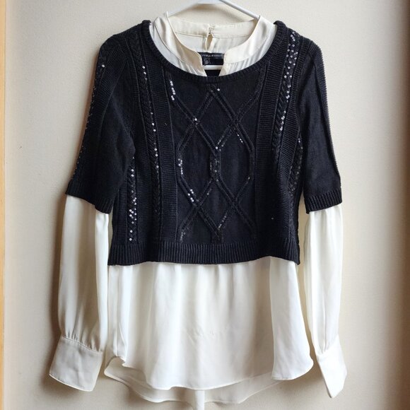 White House Black Market Sequin Layered Sweater Over Cream Blouse Size Small - Picture 1 of 14